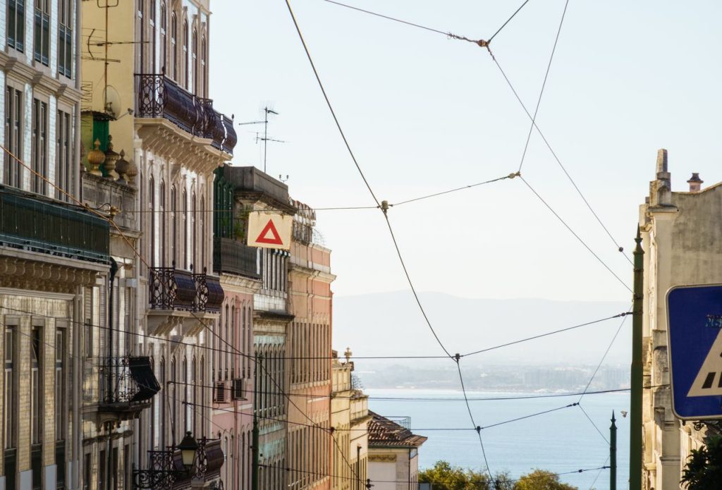 Tram wires and the river from the hill