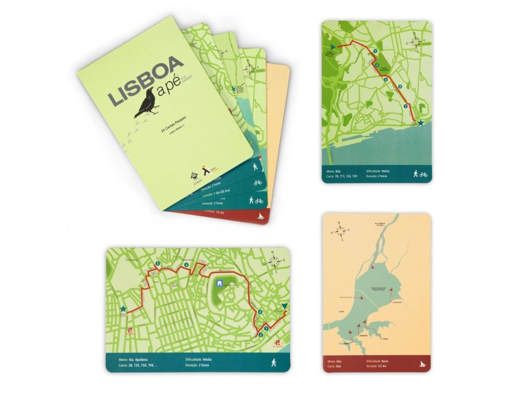 Lisboa a Pé walking cards: box and three route cards