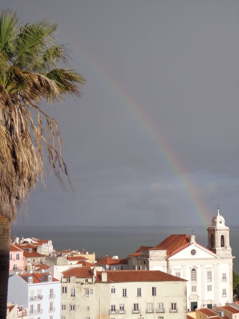 Rainbow over the old town rooftops